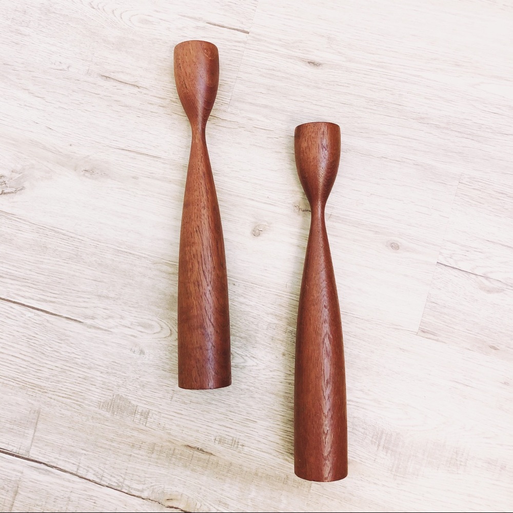 Vintage MCM Danish Tulip Teak Wood Candlesticks